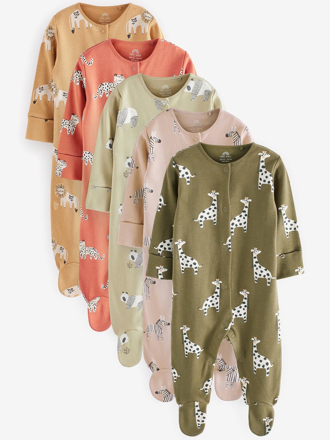 

NEXT Infant Boys Pack of 5 Pure Cotton Printed Sleepsuits, Olive
