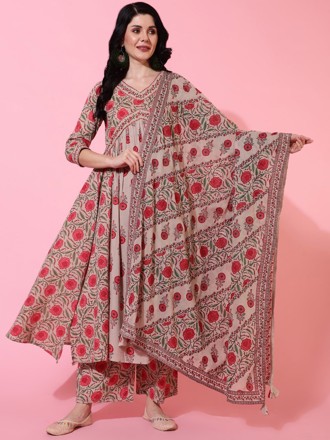 

KIMAYRA Women Floral Printed Layered Pure Cotton Kurta with Palazzos & With Dupatta, Beige