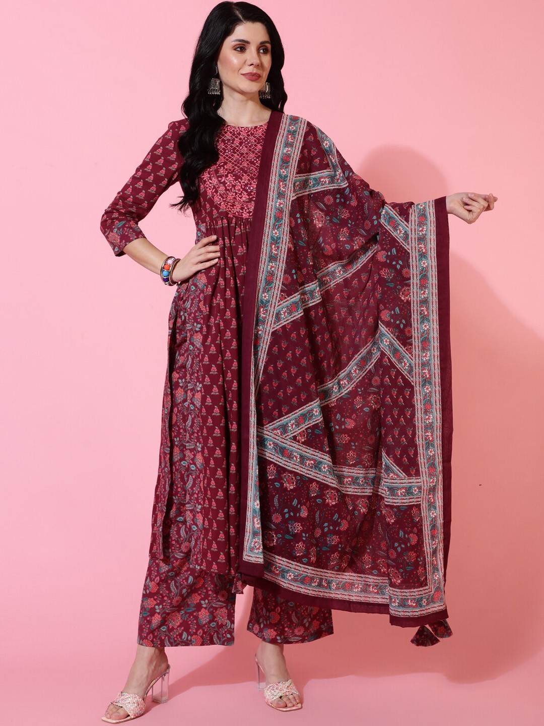 

KIMAYRA Women Floral Embroidered Mirror Work Pure Cotton Kurta Set, Maroon