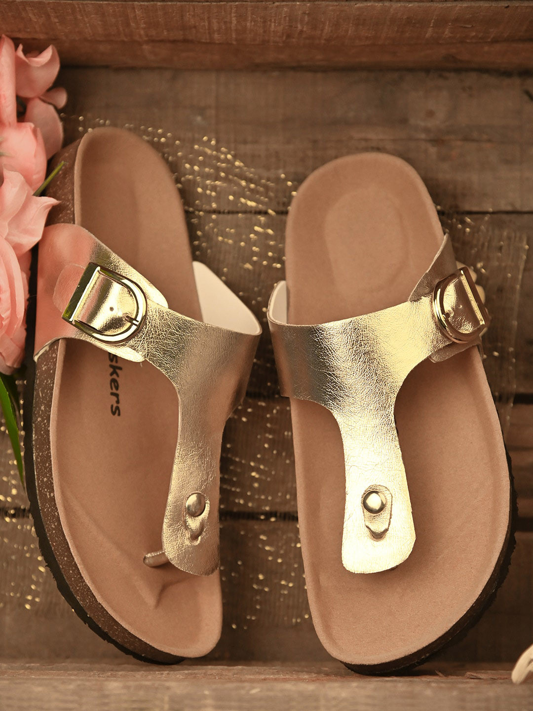 

BRISKERS Women T-Strap Flats, Gold