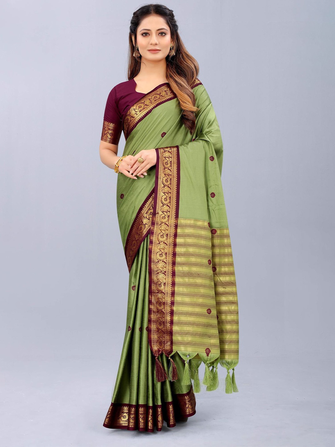 

Paramparik Textile Ethnic Motifs Zari Pure Silk Dharmavaram Saree, Green