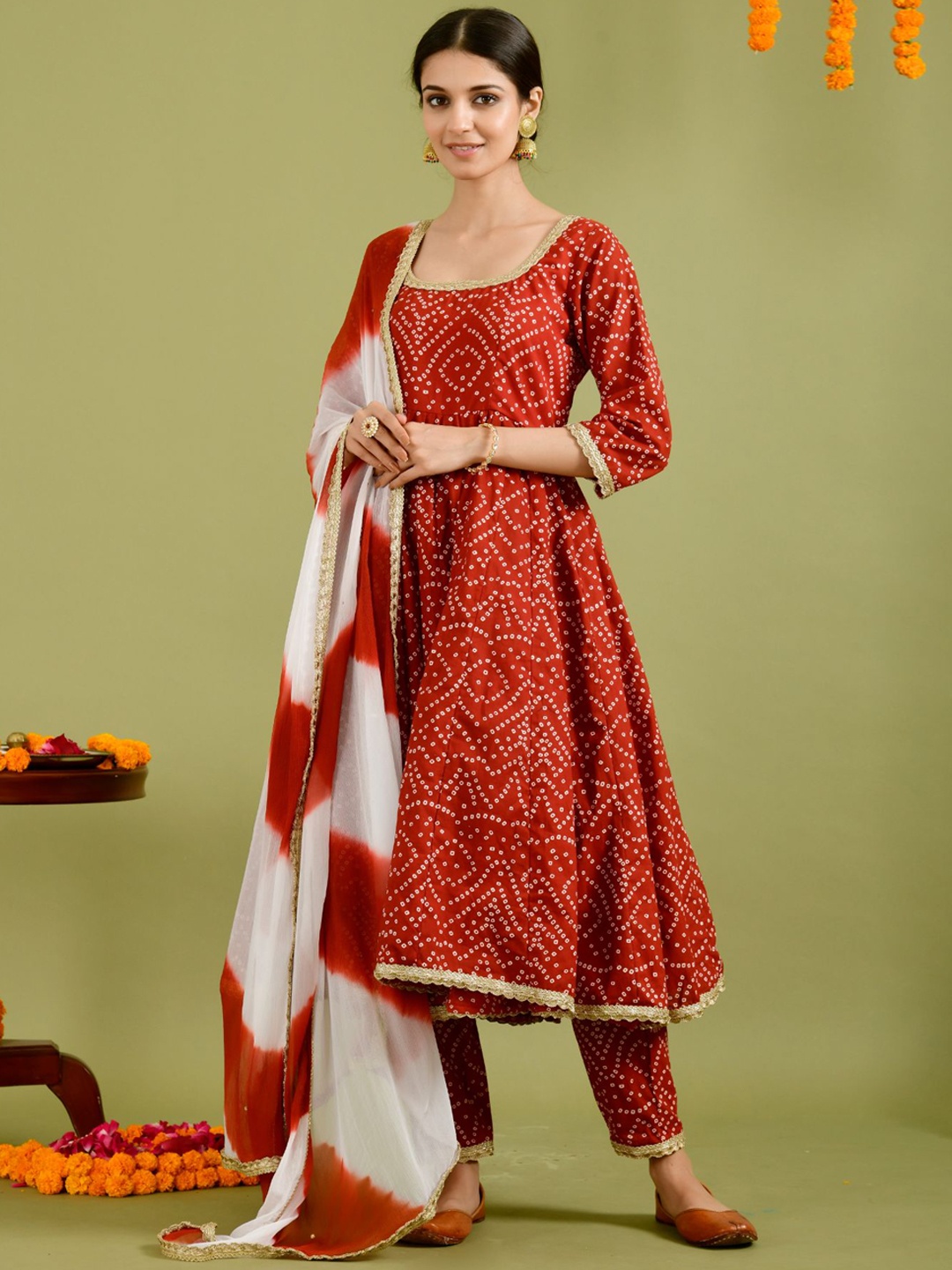 

Rangpur Women Red Bandhani Printed Pure Cotton Kurta with Trousers & With Dupatta