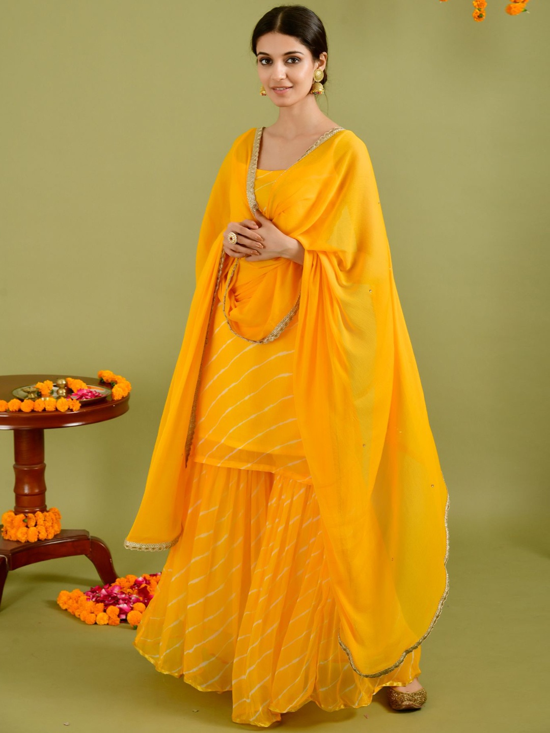 

Rangpur Women Yellow Leheriya Striped Kurta with Sharara & With Dupatta