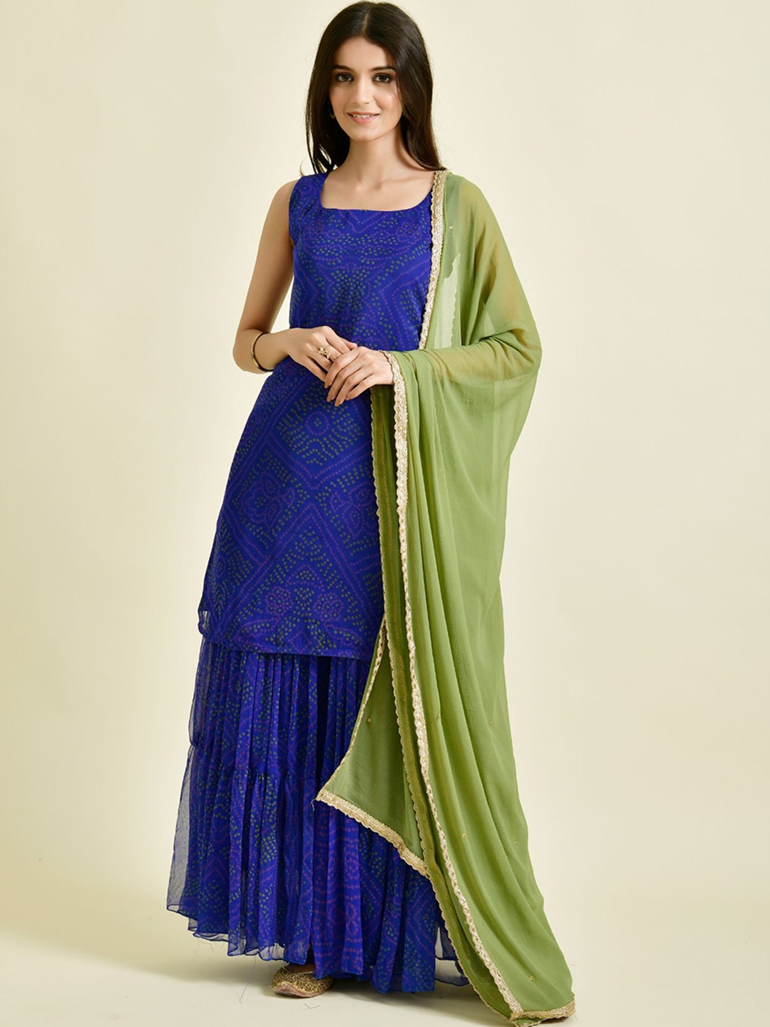 

Rangpur Women Blue Bandhani Printed Kurta with Sharara & With Dupatta