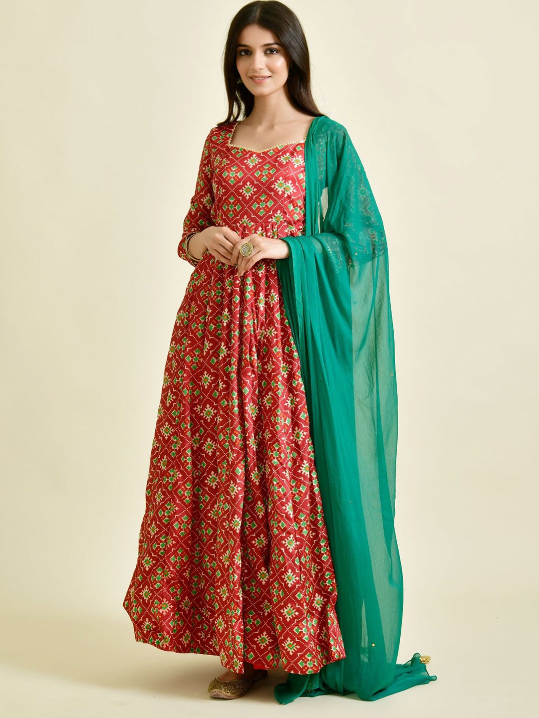 

Rangpur Ethnic Motifs Chiffon Ethnic Maxi Maxi Dress, Red