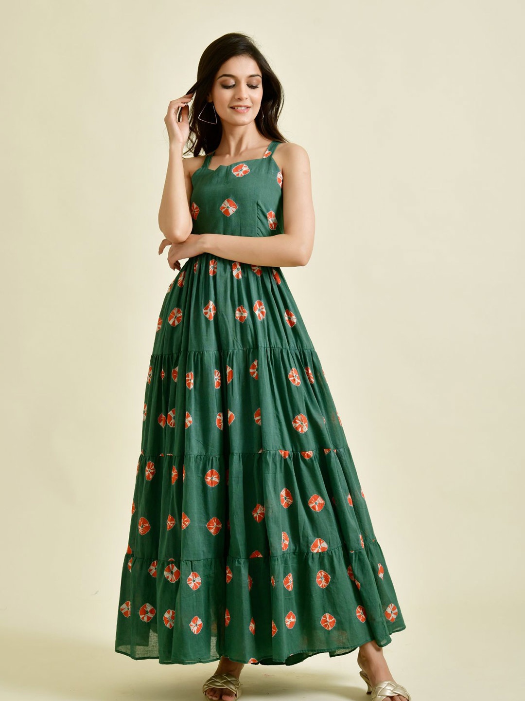 

Rangpur Ethnic Motifs Dyed Maxi Cotton Dress, Green