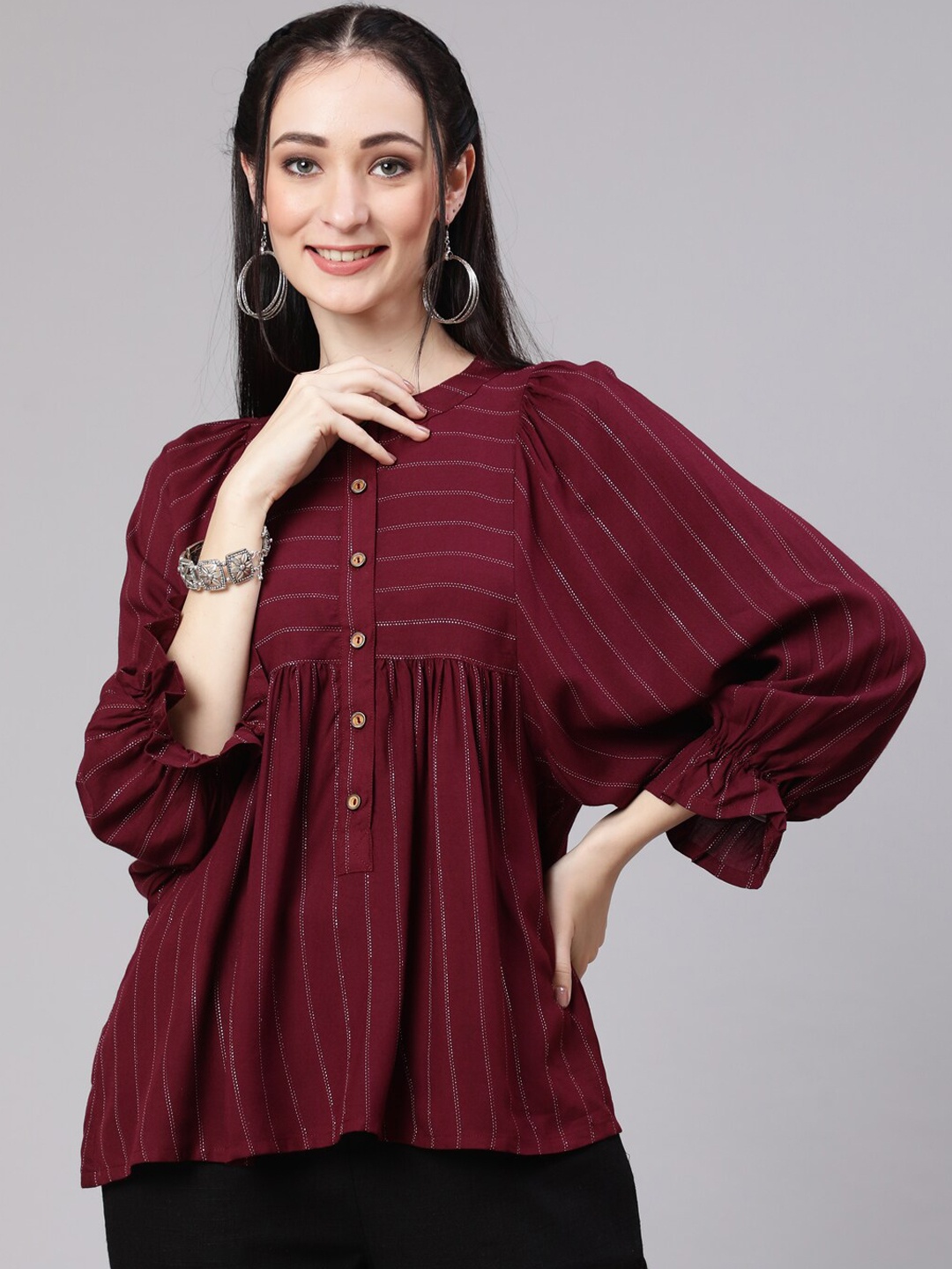 

Jaipur Kurti Women Mandarin Collar Gathered Top With Elasticated Gathered Sleeves Co-Ords, Maroon