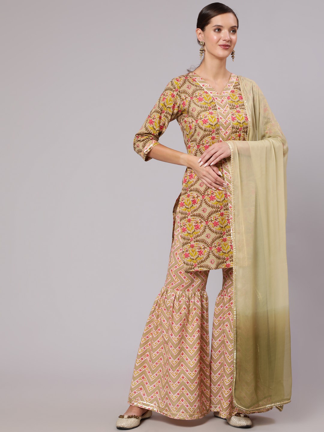 

Jaipur Kurti Short Printed Gota Embellished Kurta With Printed Sharara And Chiffon Dupatta, Beige