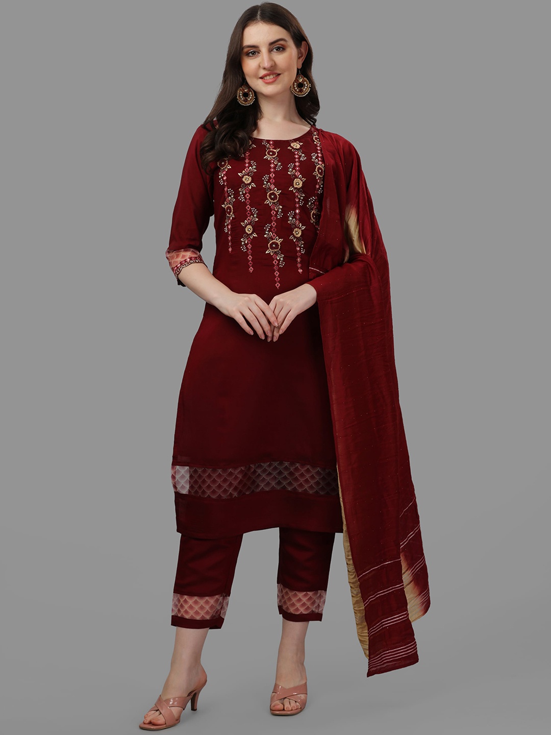 

Berrylicious Women Floral Embroidered Thread Work Chanderi Cotton Kurta Set, Maroon