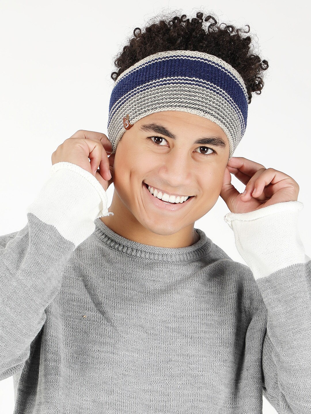 

Bharatasya Striped Knitted Woollen Headband Earwarmer, Blue