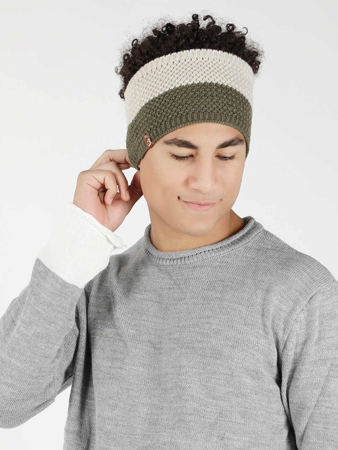 

Bharatasya Colorblocked Knitted Wollen Headband Earwarmer, Olive