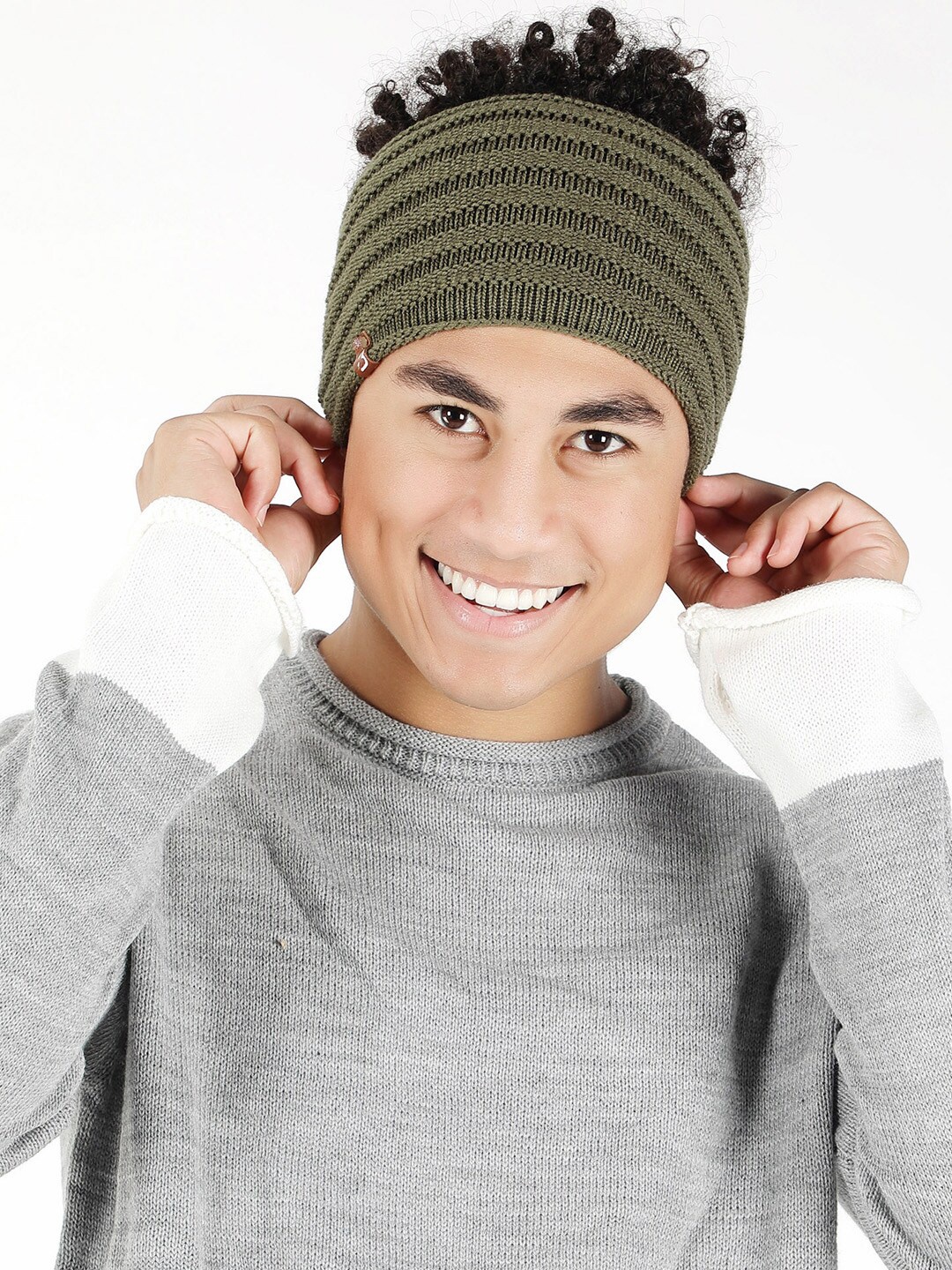 

Bharatasya Men Stripes Knitted Woolen Headband Earwarmer, Olive