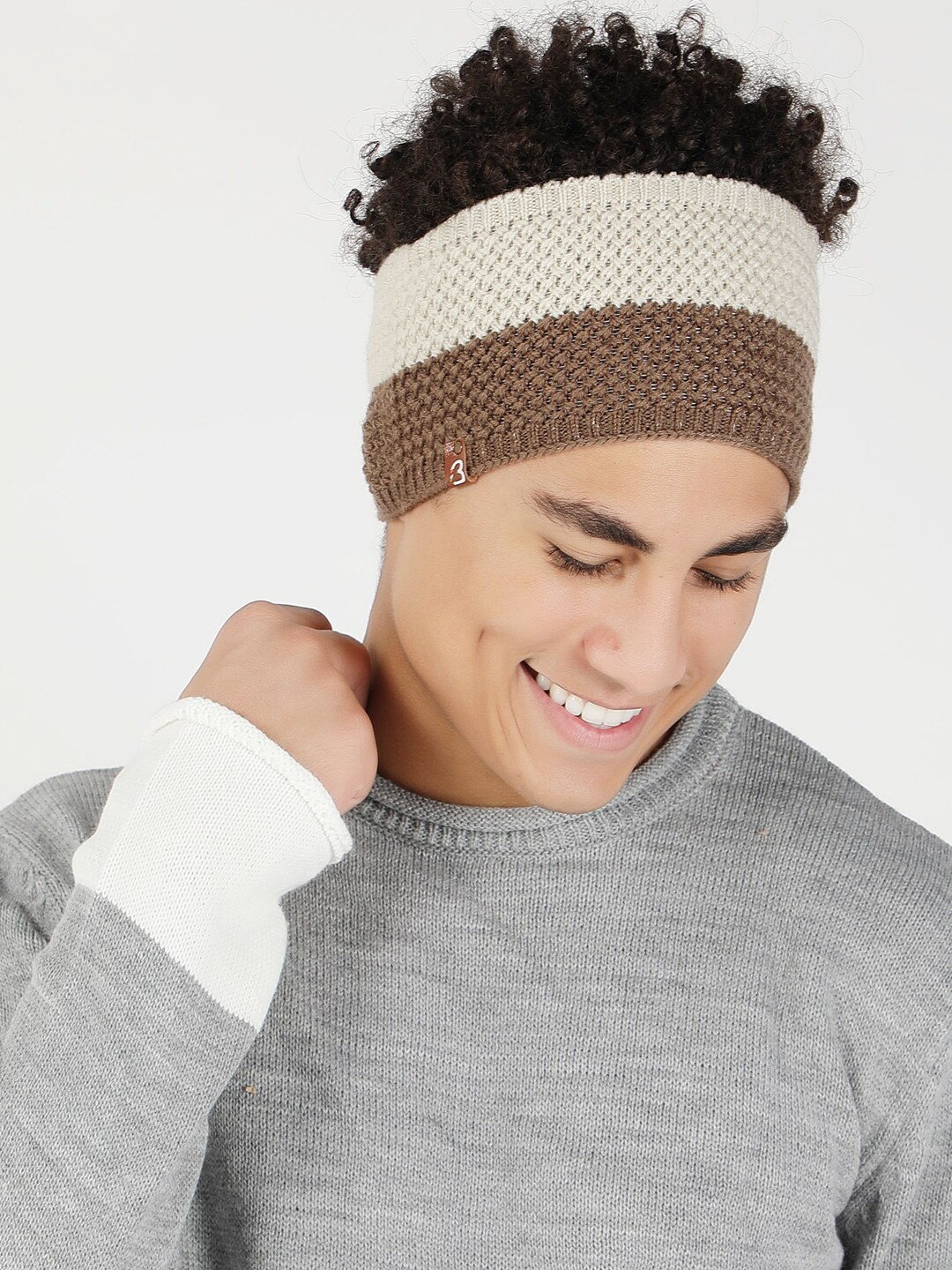 

Bharatasya Men Colorblocked Knitted Woolen Headband Earwarmer, Brown