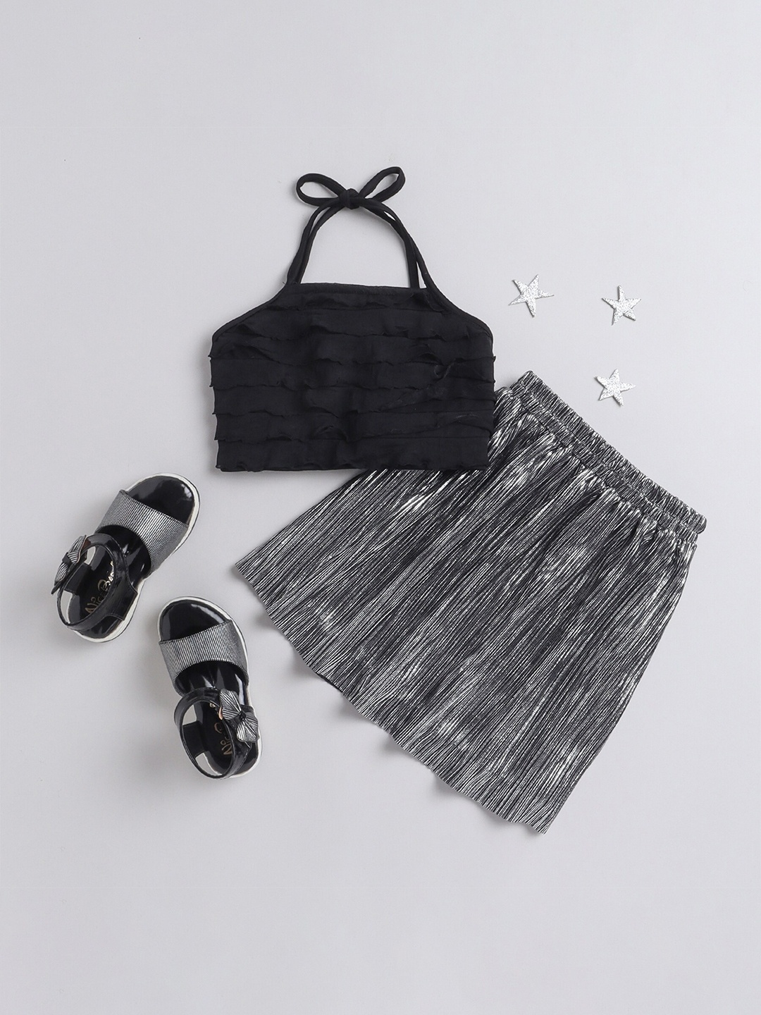 

taffykids Girls Tie Up Ruffled Top With Pleated Skirt, Black