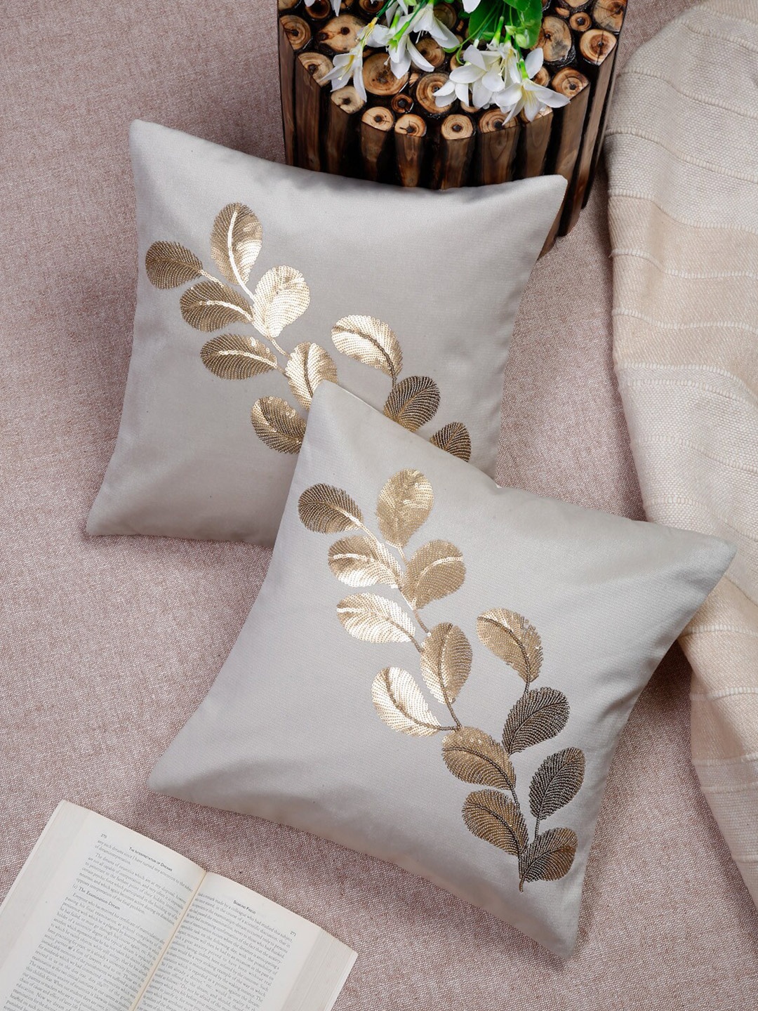 

HOSTA HOMES Grey & Gold-Toned Set of 2 Embellished Square Cotton Cushion Covers