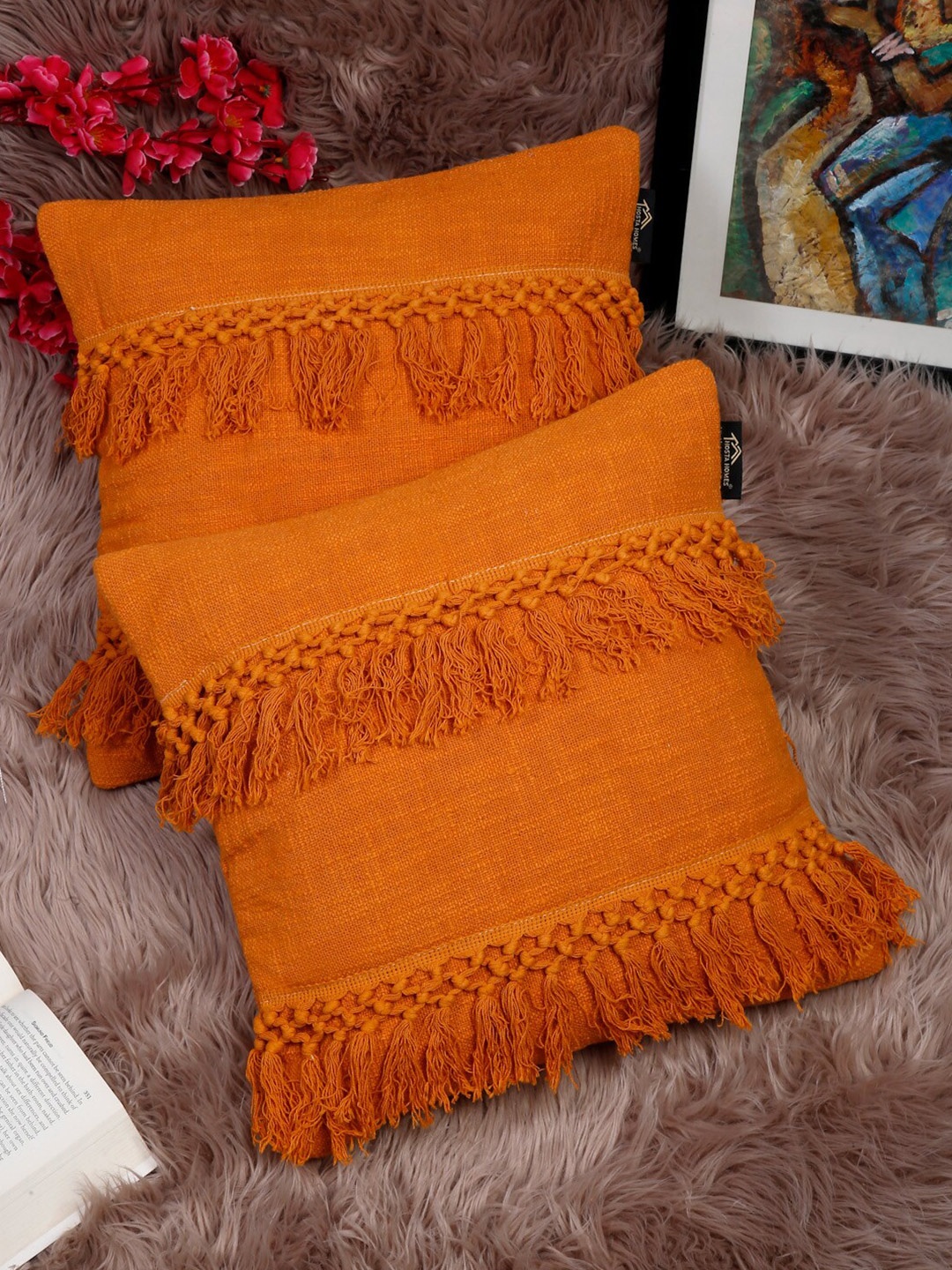 

HOSTA HOMES Orange Set Of 2 Self Design Square Pure Cotton Cushion Covers