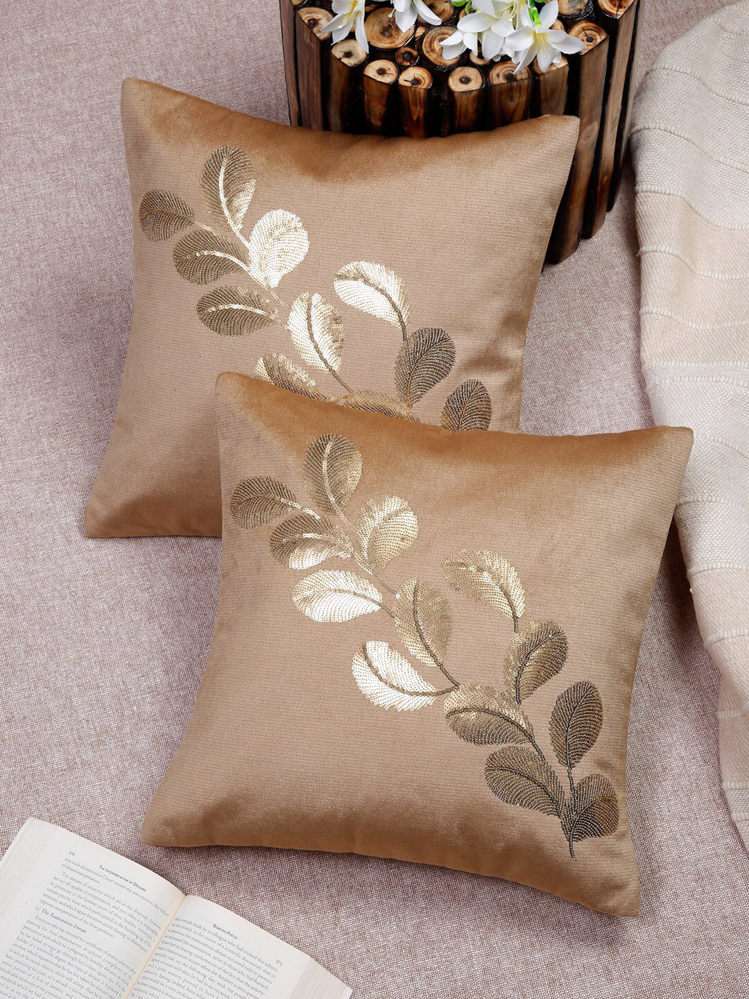 

HOSTA HOMES Brown & Gold Set of 2 Embellished Square Cushion Covers