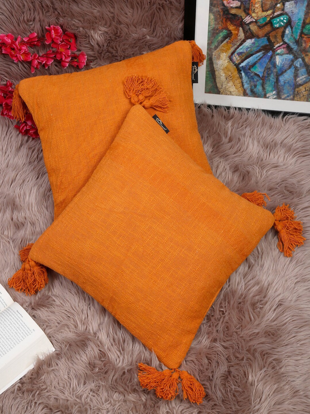 

HOSTA HOMES Orange Set of 2 Square Pure Cotton Cushion Covers