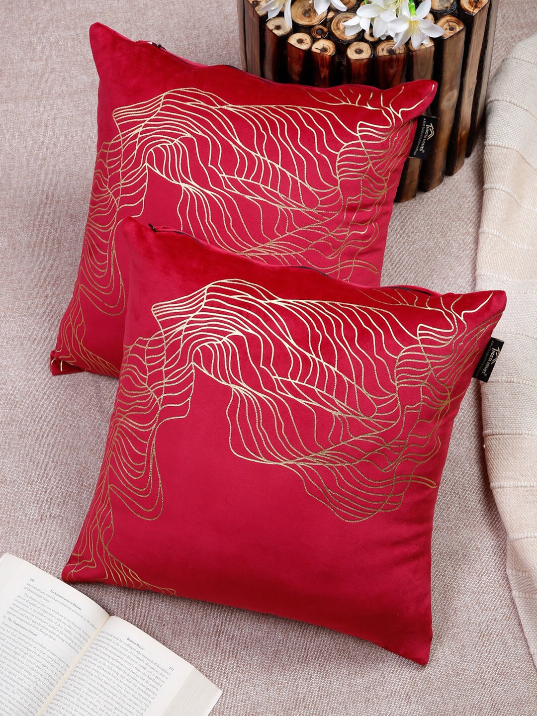 

HOSTA HOMES Maroon & Gold-Toned Set of 2 Abstract Velvet Square Cushion Covers