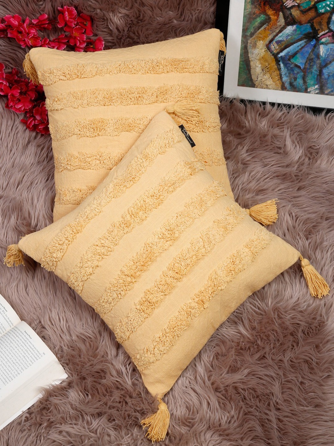 

HOSTA HOMES Yellow Set Of 2 Self Design Square Cushion Covers