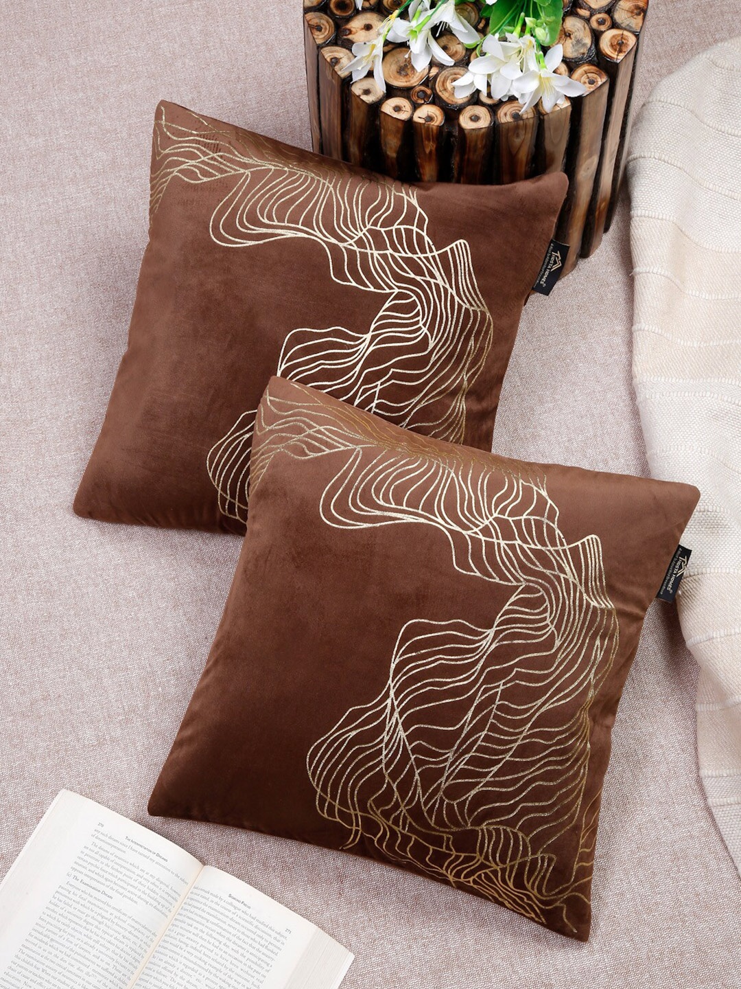 

HOSTA HOMES Brown & Silver Set of 2 Abstract Printed Velvet Square Cushion Covers