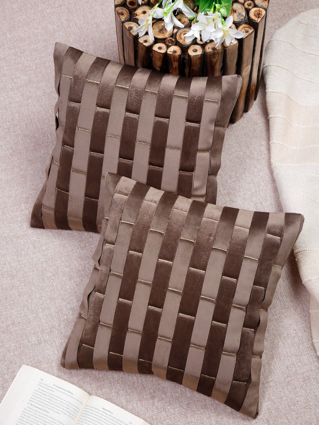 

HOSTA HOMES Brown & Gold Set of 2 Striped Velvet Square Cushion Covers