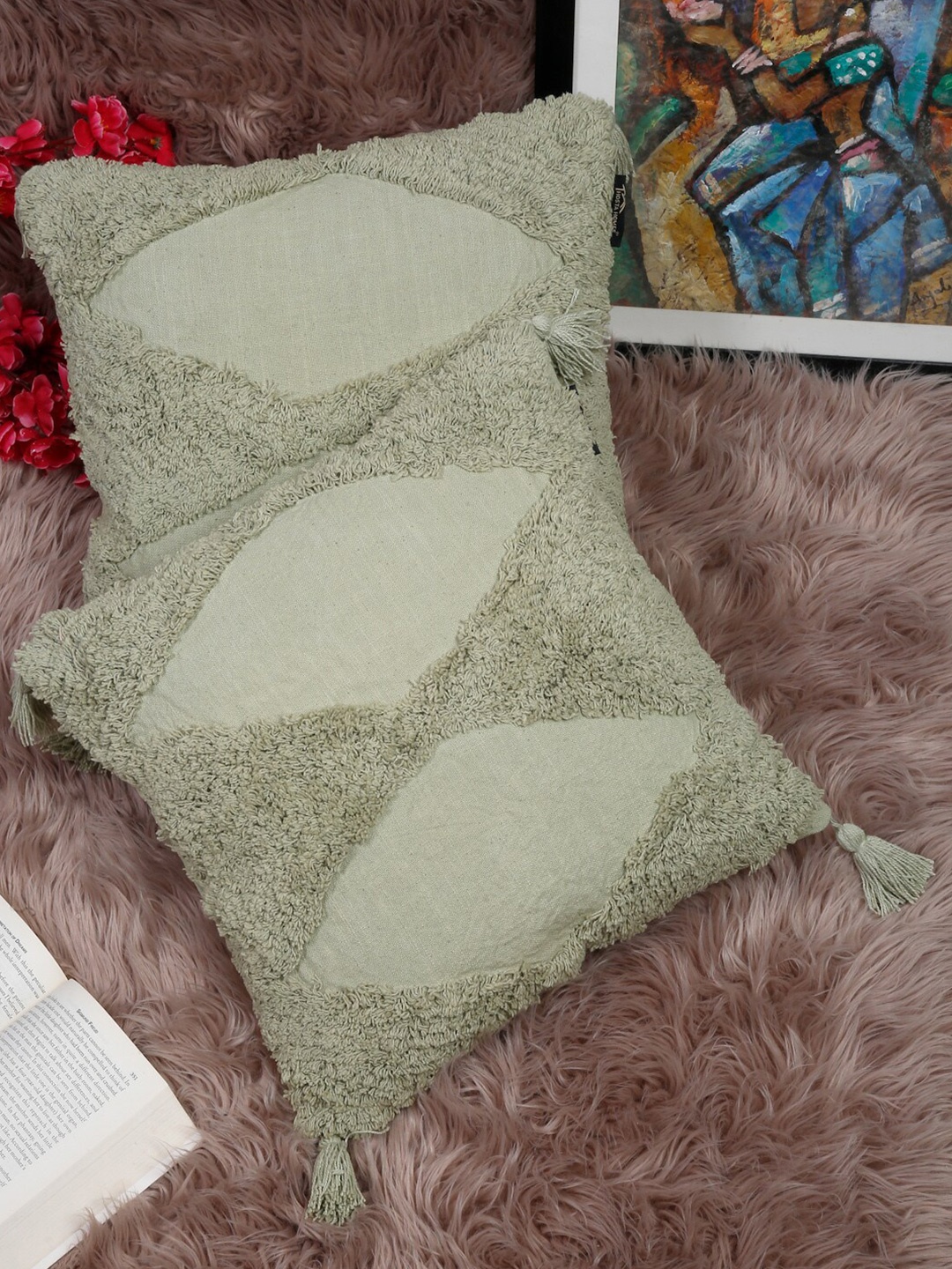 

HOSTA HOMES Green Set of 2 Self Design Square Pure Cotton Cushion Covers