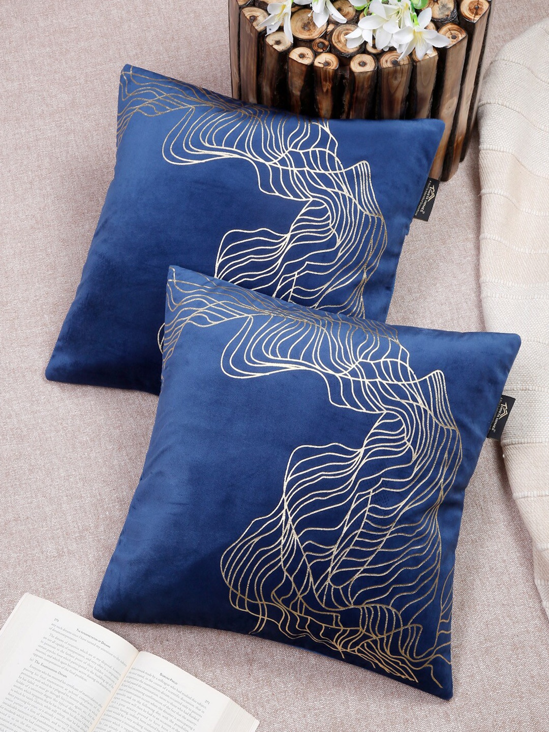 

HOSTA HOMES Navy Blue & Gold Set of 2 Abstract Printed Velvet Square Cushion Covers