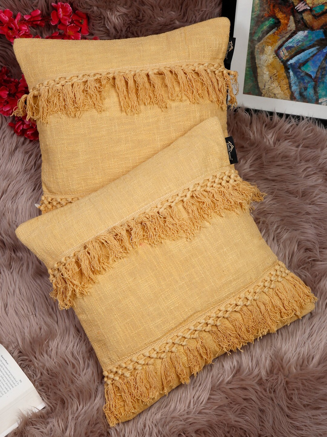 

HOSTA HOMES Yellow Set of 2 Self Design Square Pure Cotton Cushion Covers