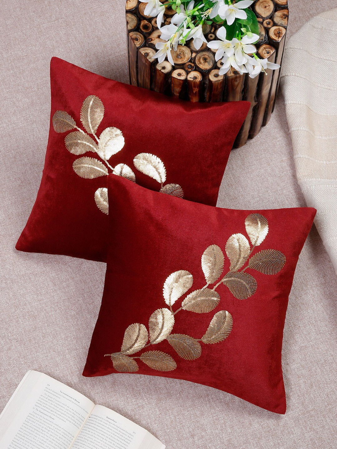 

HOSTA HOMES Maroon & Gold Set of 2 Embellished Square Cushion Covers