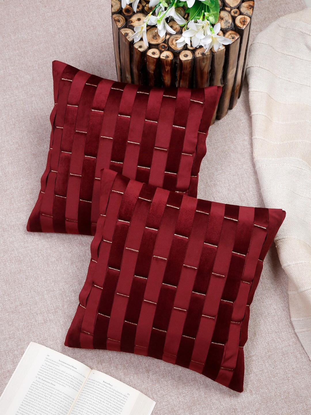 

HOSTA HOMES Maroon & Gold Set of 2 Striped Velvet Square Cushion Covers