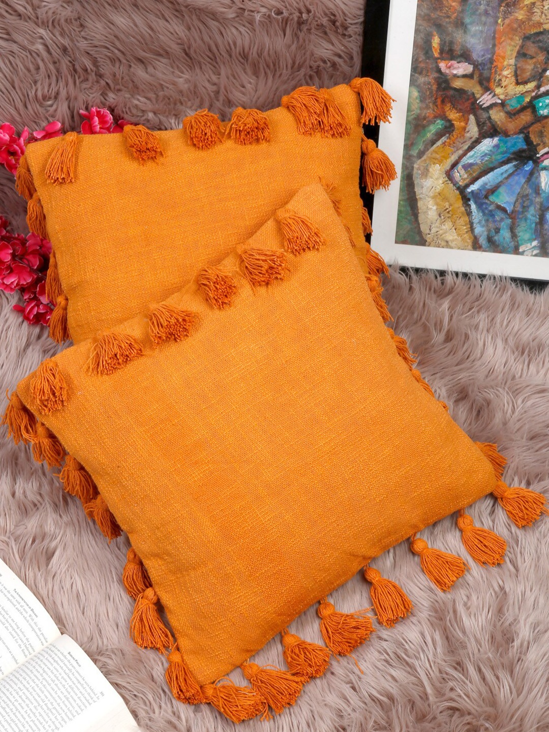 

HOSTA HOMES Orange Set of 2 Square Pure Cotton Cushion Covers