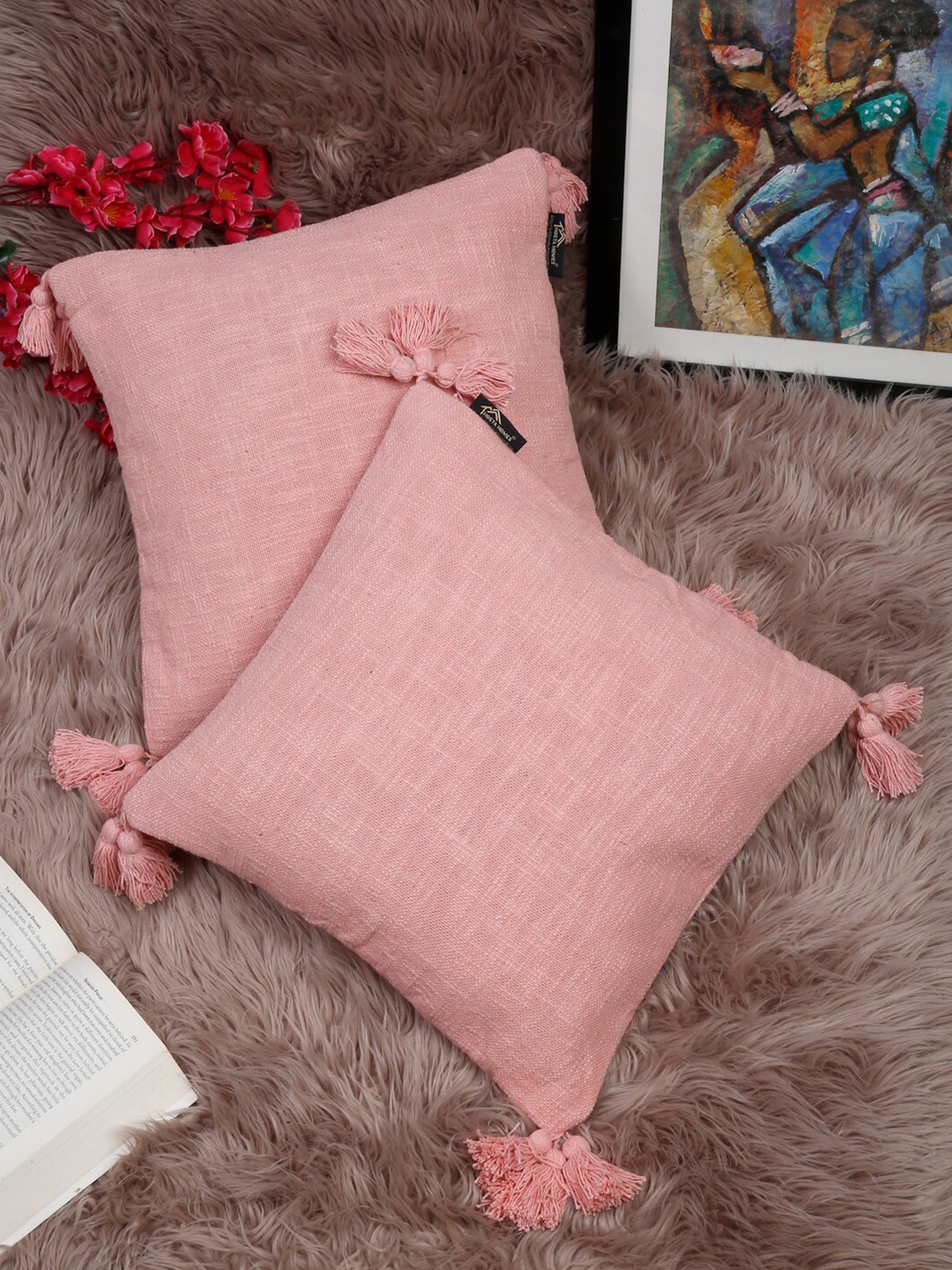 

HOSTA HOMES Peach Set of 2 Square Pure Cotton Cushion Covers