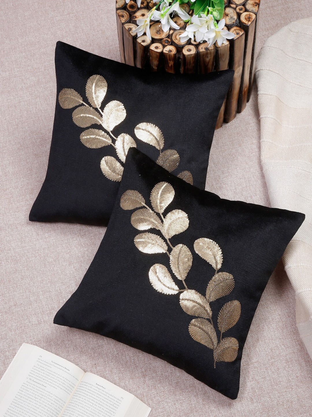 

HOSTA HOMES Black & Gold Set of 2 Embellished Square Cushion Covers