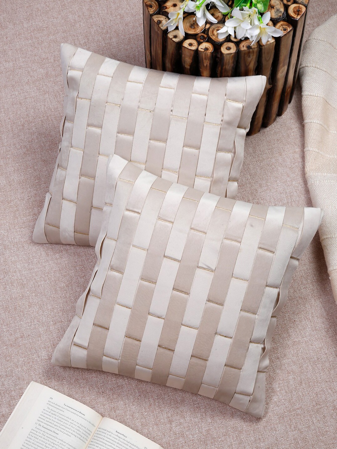 

HOSTA HOMES Cream & Gold Set of 2 Striped Velvet Square Cushion Covers