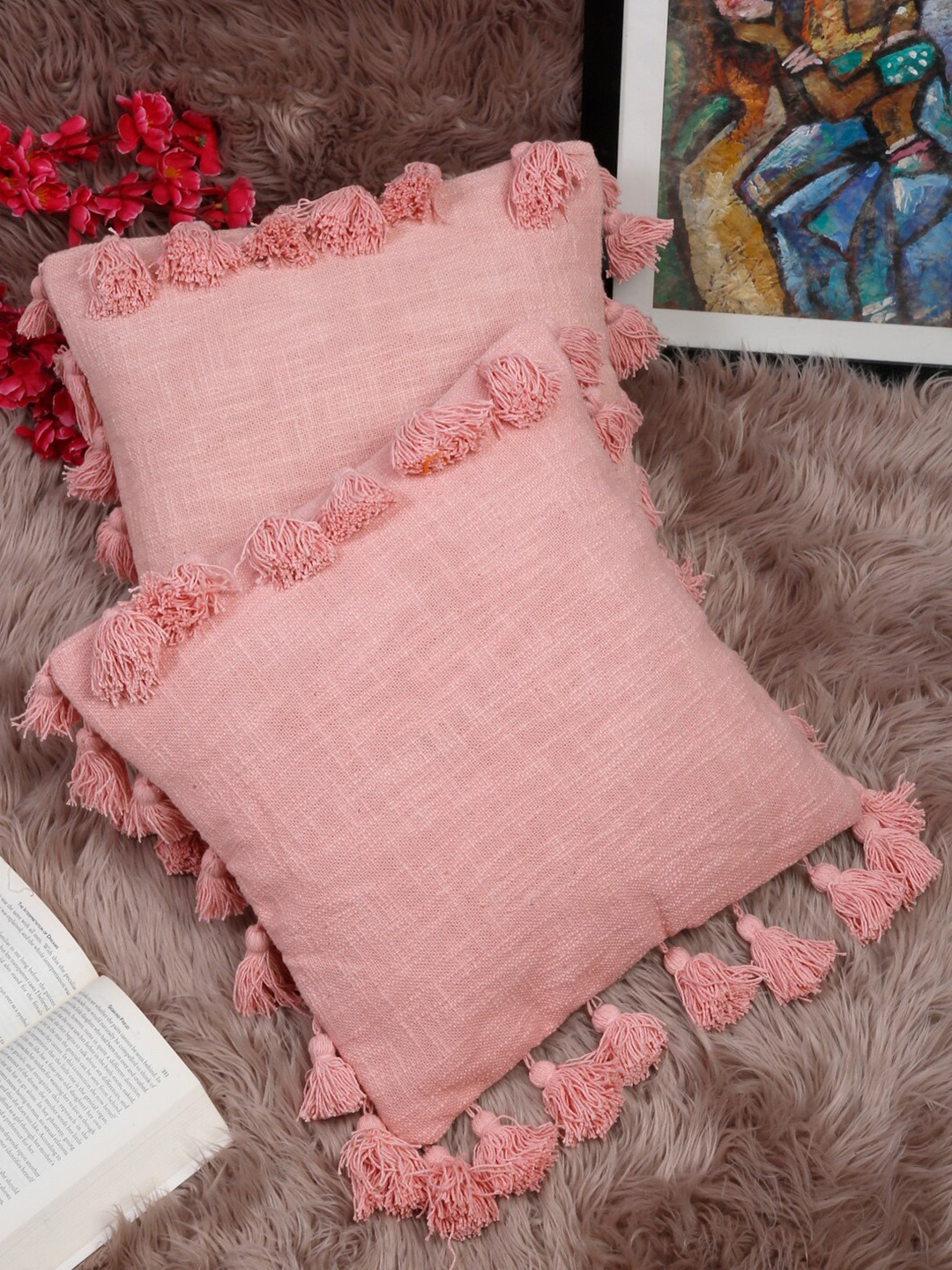 

HOSTA HOMES Pink Set of 2 Square Pure Cotton Cushion Covers