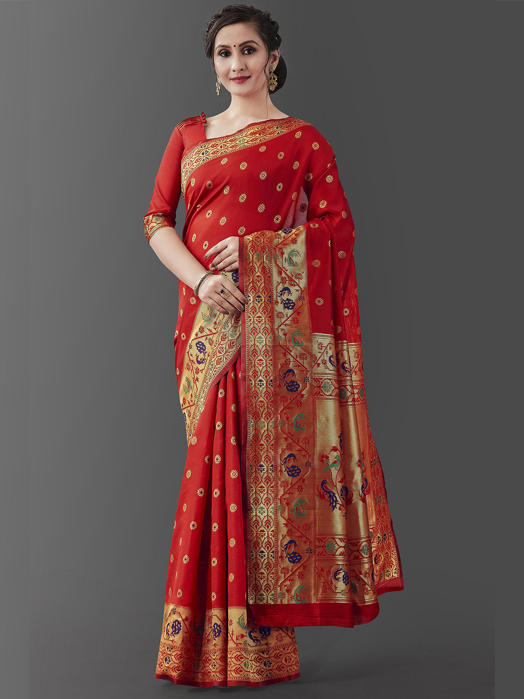 

ZIKARAA Ethnic Motifs Zari Pure Silk Banarasi Saree, Red