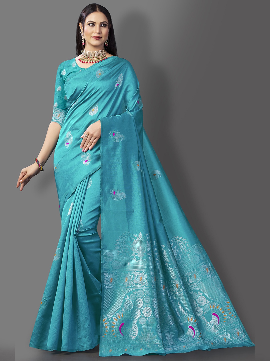 

ZIKARAA Ethnic Motifs Zari Pure Silk Banarasi Saree, Blue