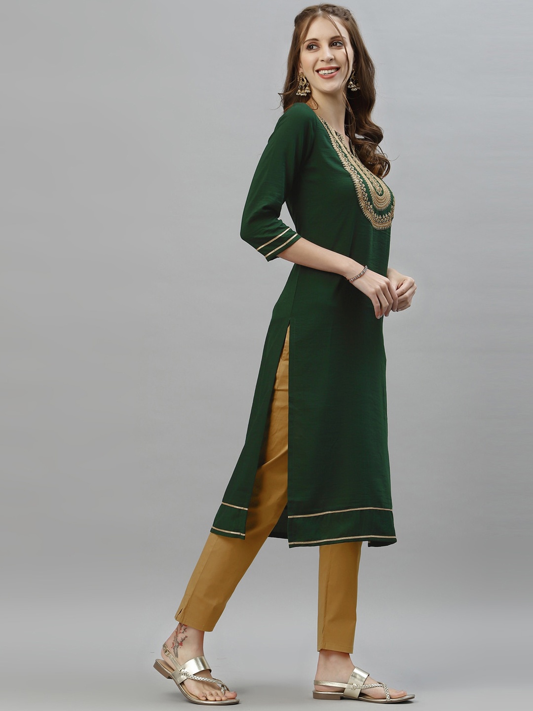 

KALINI Ethnic Motifs Embellished Cotton Silk Kurta, Green