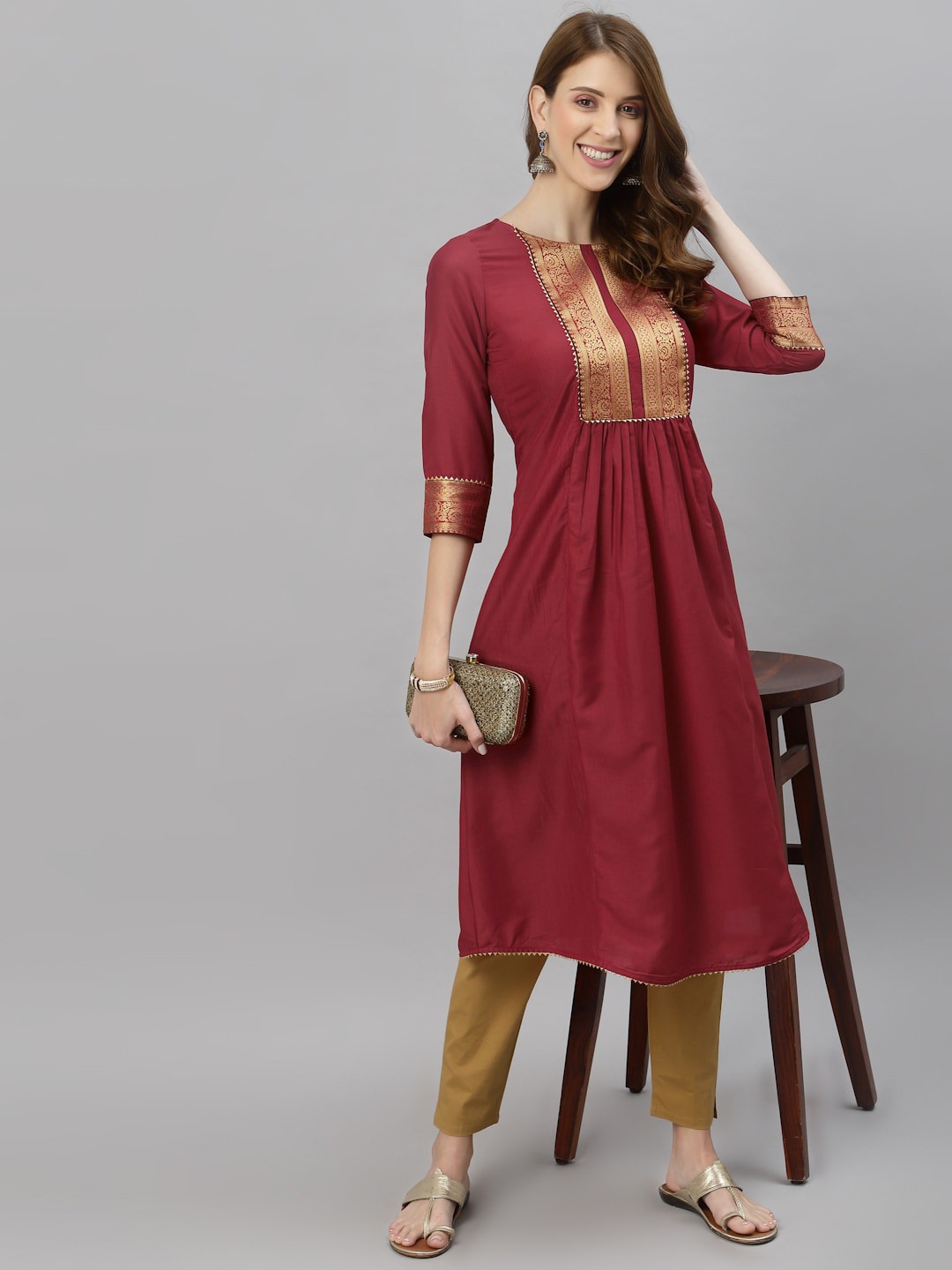 

KALINI Ethnic Motifs Zari Cotton Silk Kurta, Red