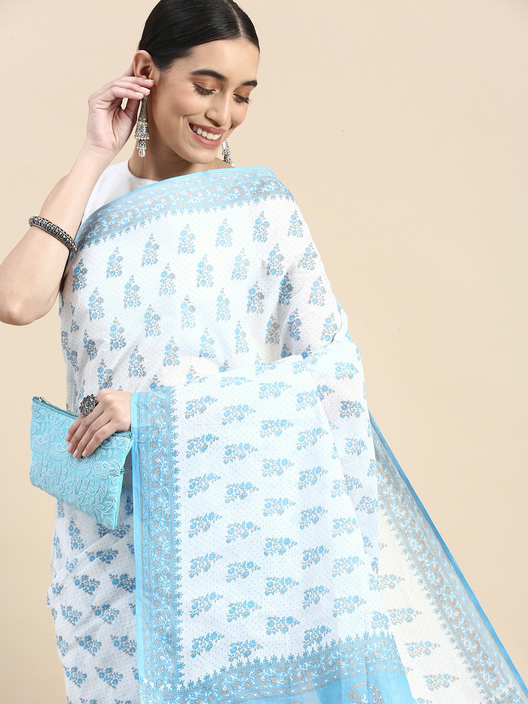 

SHANVIKA Floral Pure Cotton Block Print Saree, Blue