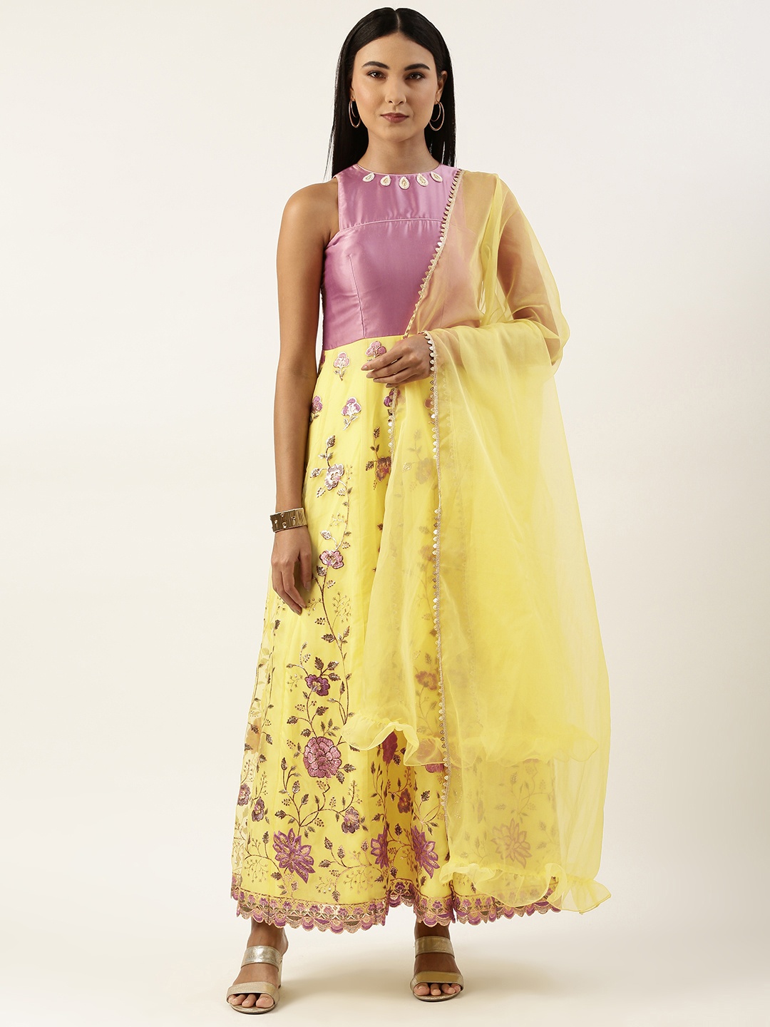 

Ethnovog Floral Embroidered Beads and Stones Kurta With Trousers & Dupatta, Yellow