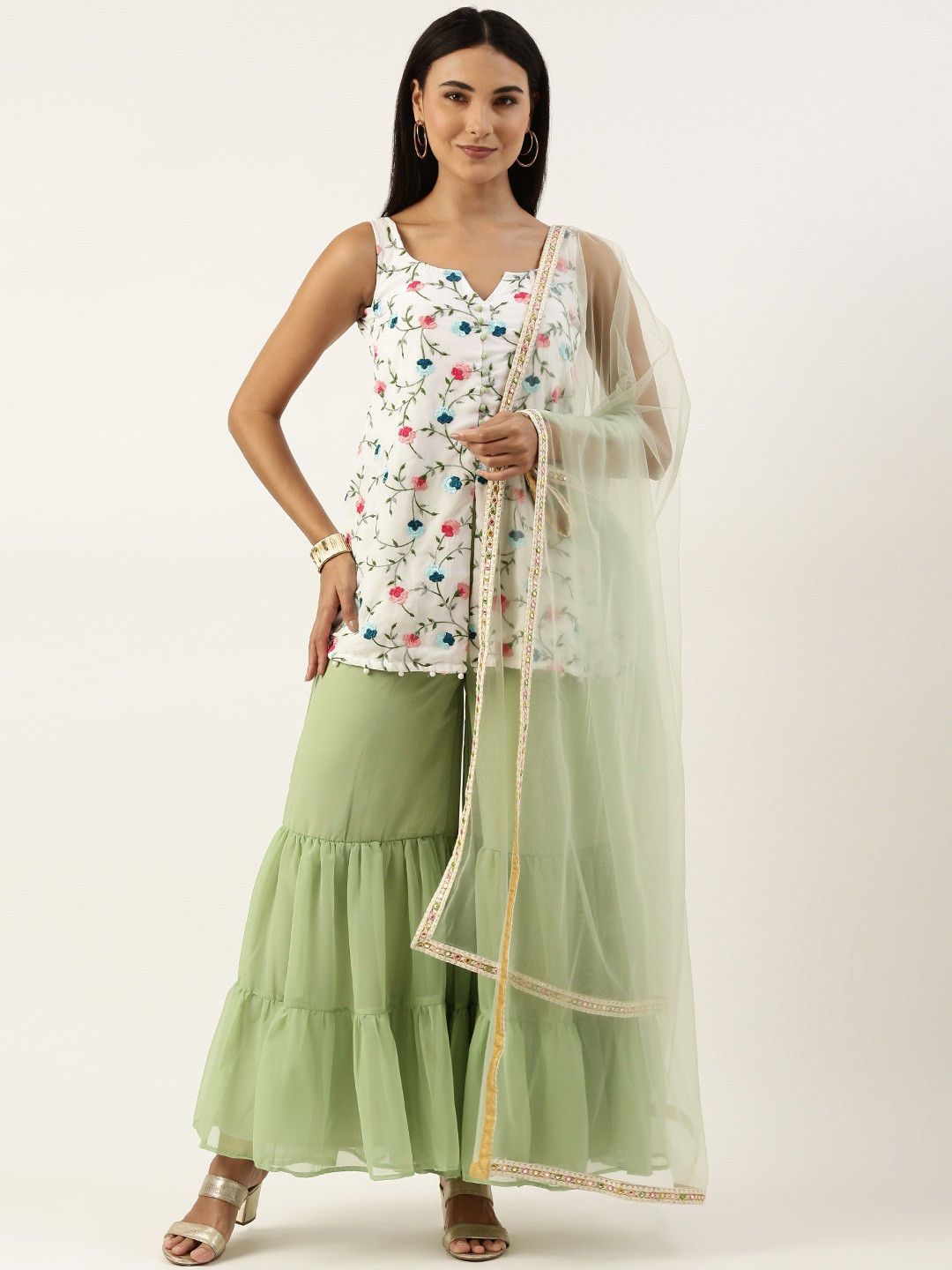 

Ethnovog Embroidered Sequinned Kurti With Sharara & Dupatta, White