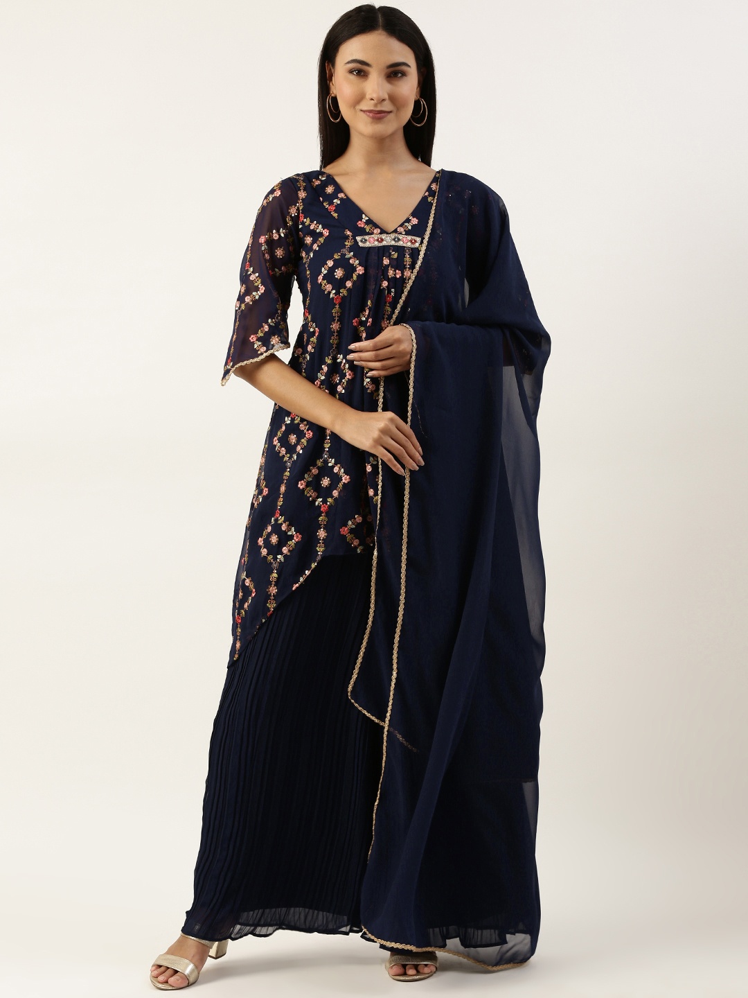 

Ethnovog Floral Embroidered Sequinned Kurta with Palazzos & With Dupatta, Navy blue