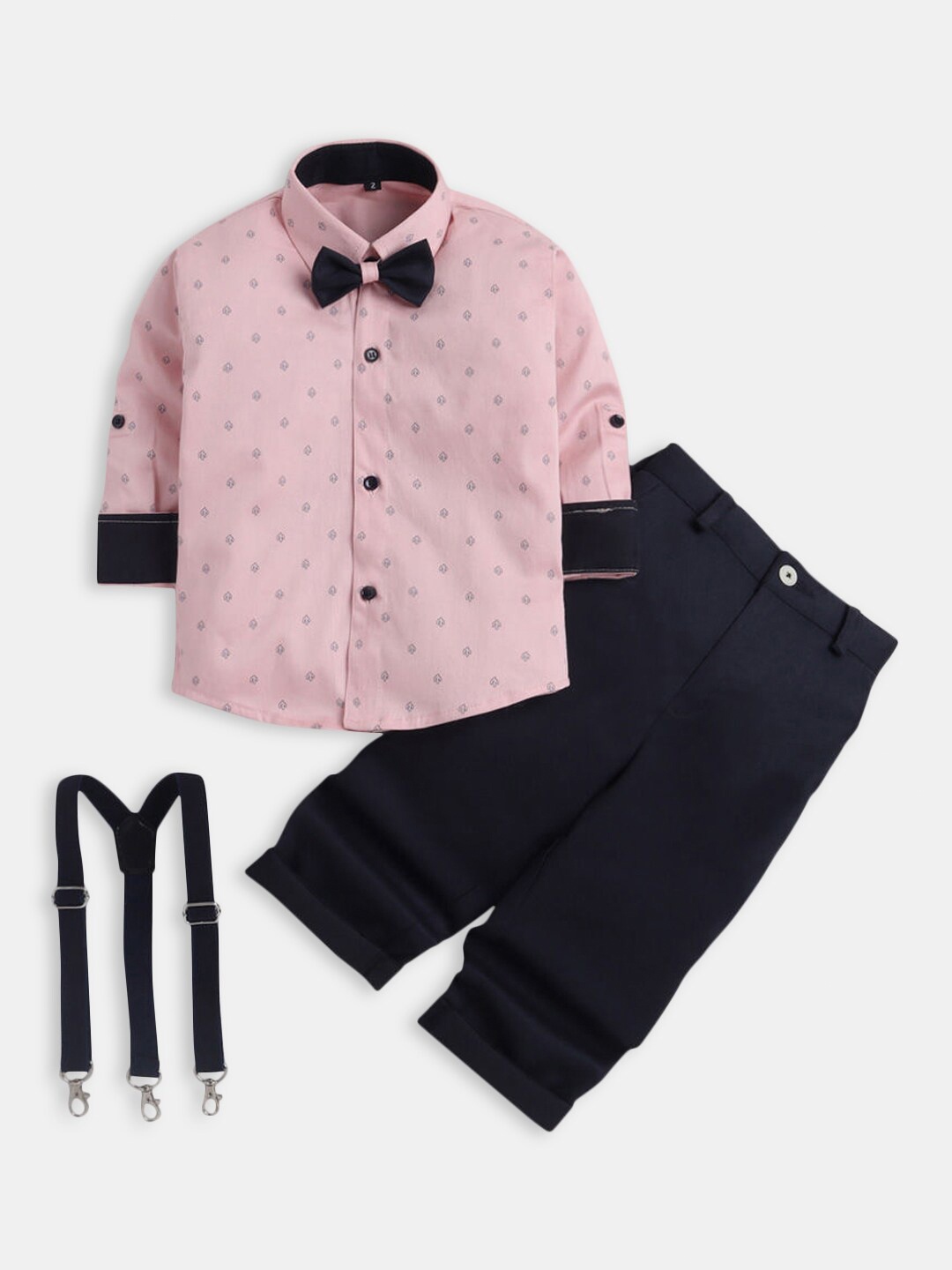 

Hopscotch Boys Printed Shirt with Trousers With Suspenders & Bows, Pink