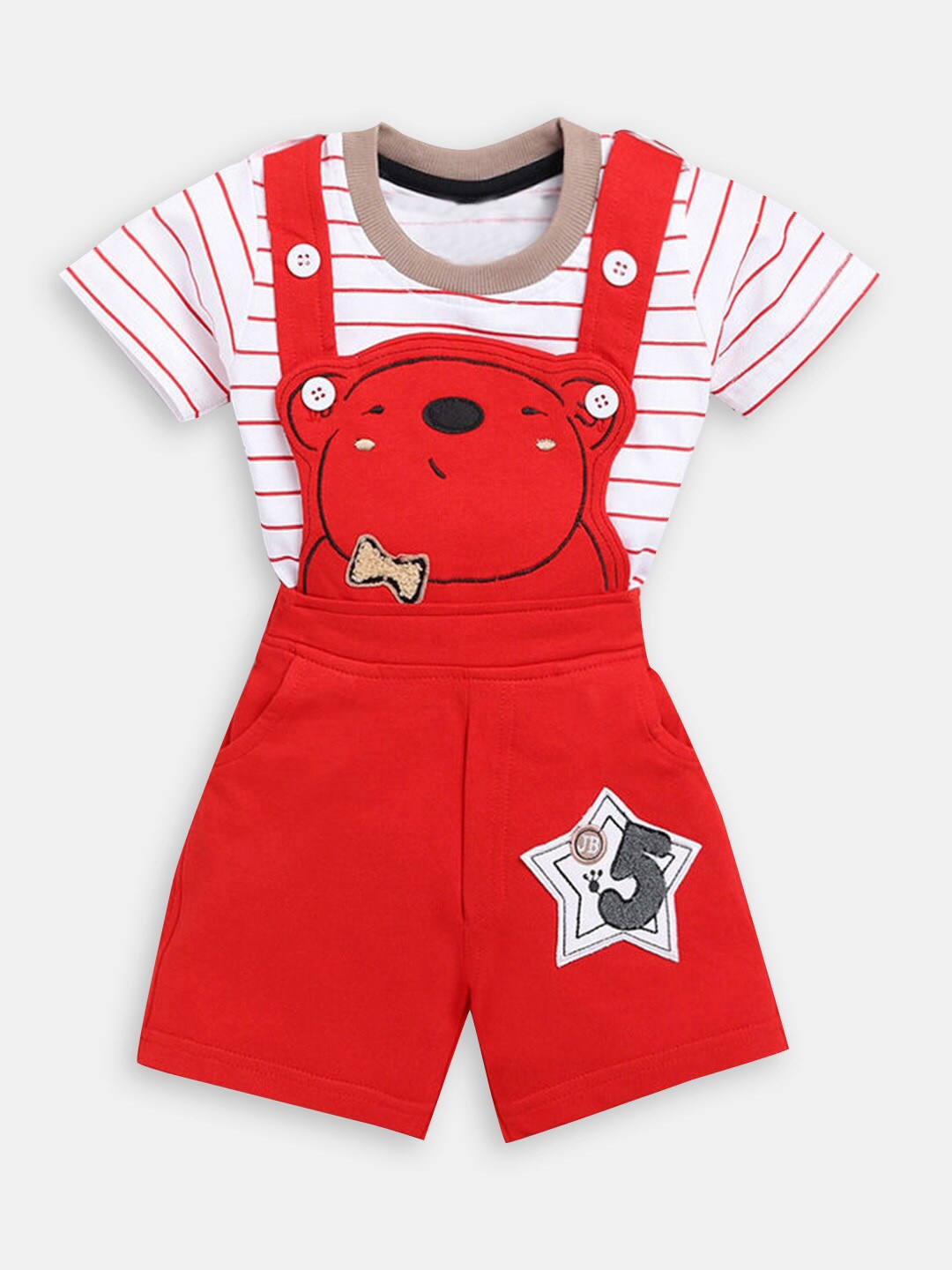 

Hopscotch Boys Embellished Pure Cotton T-shirt with Dungaree, Red