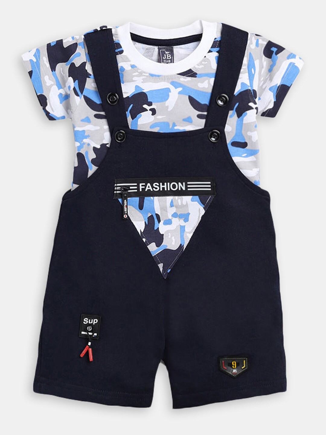 

Hopscotch Boys Printed Pure Cotton T-shirt with Dungaree, Black