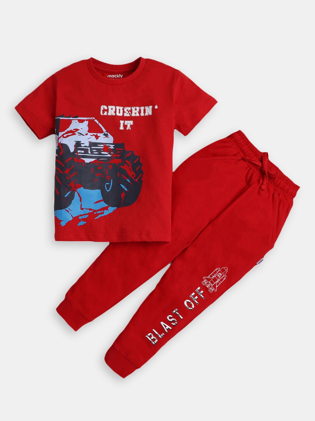 

Hopscotch Boys Printed Cotton T-shirt with Trousers, Red