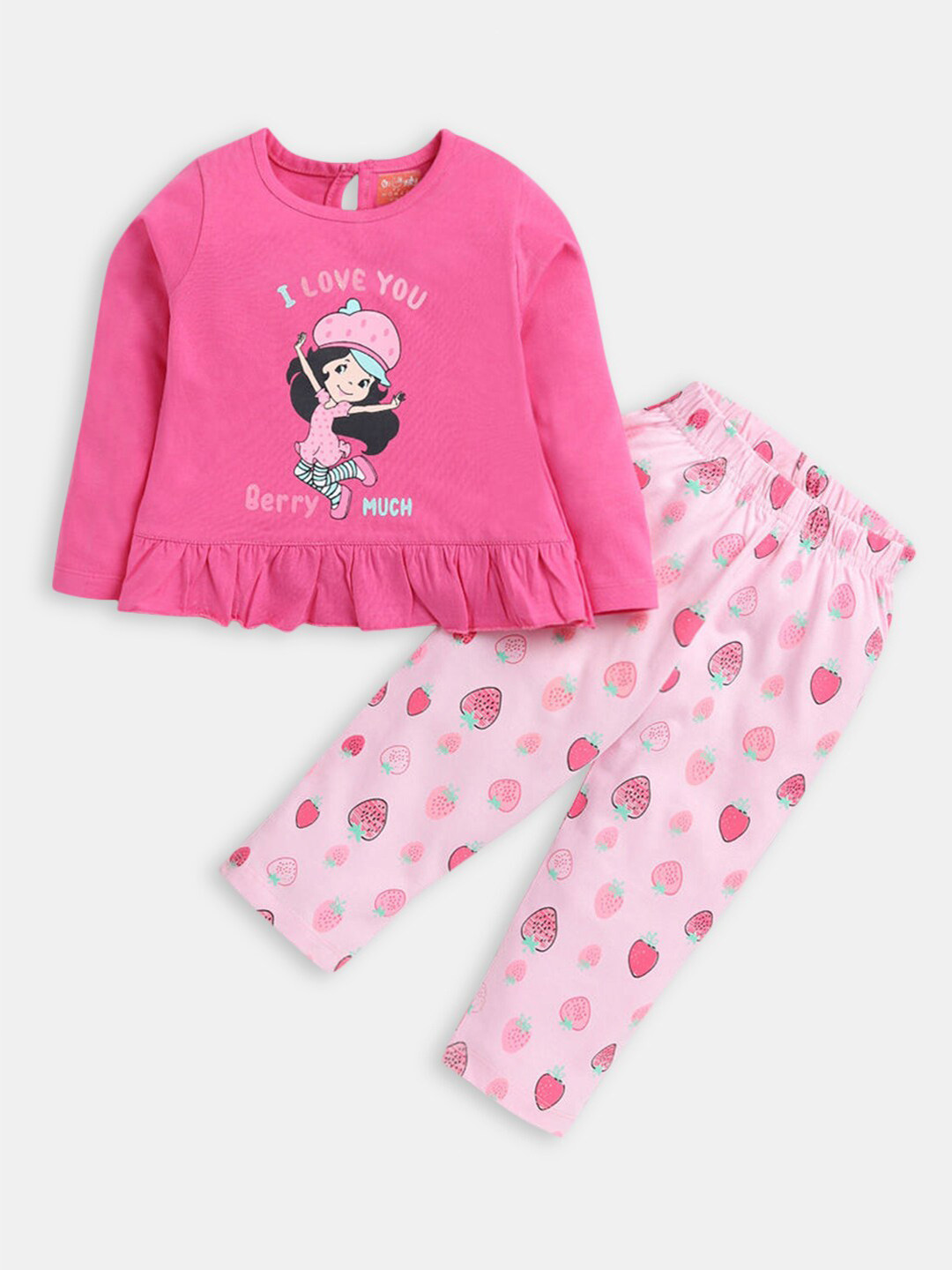 

Hopscotch Girls Printed Pure Cotton T-shirt with Trousers, Pink
