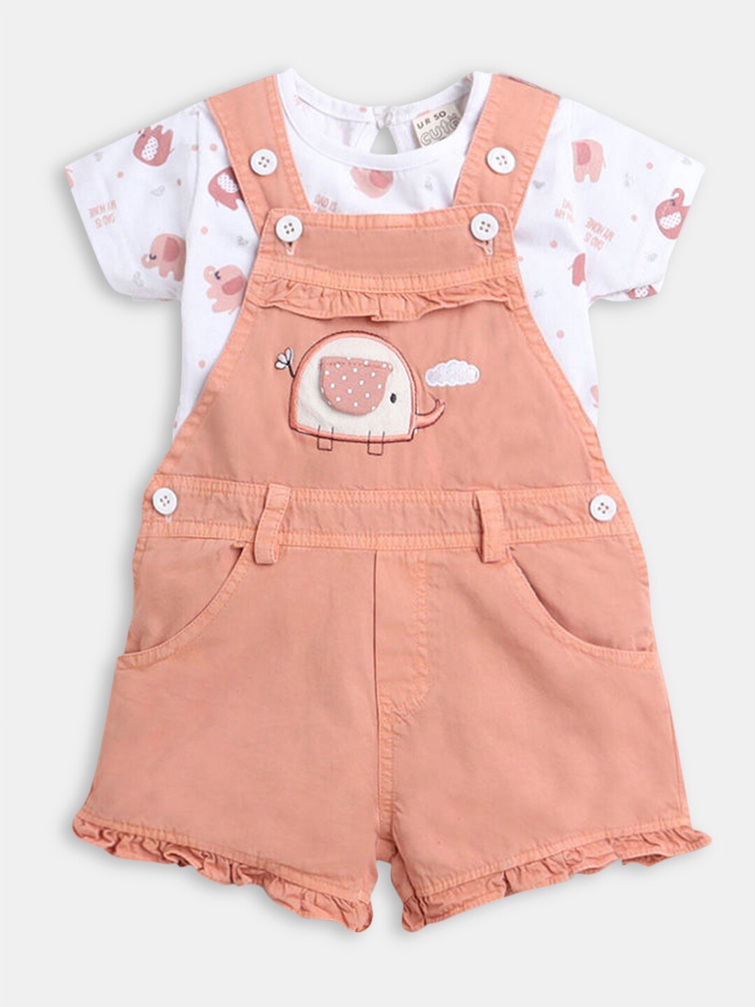 

Hopscotch Girls Peach-Coloured & White Printed T-shirt with Shorts